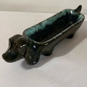 Pottery Dachshund Dog Glazed Trinket Dish. Vintage